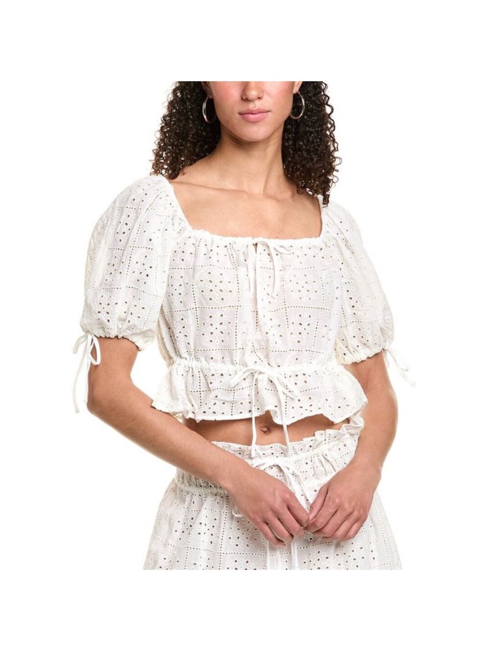 Ganni light Broderie anglaise Eyelet Peasant Crop Top - White 36